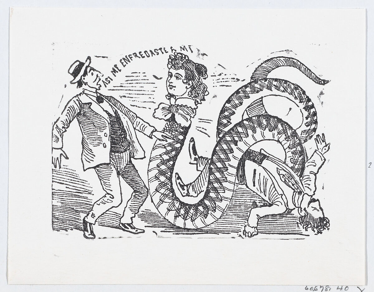 A snake with a woman's head slithering towards a scared man, an illustration from 'The Ballad of the Snake Woman' (reprinted 1930), José Guadalupe Posada (Mexican, Aguascalientes 1852–1913 Mexico City), Zincograph 