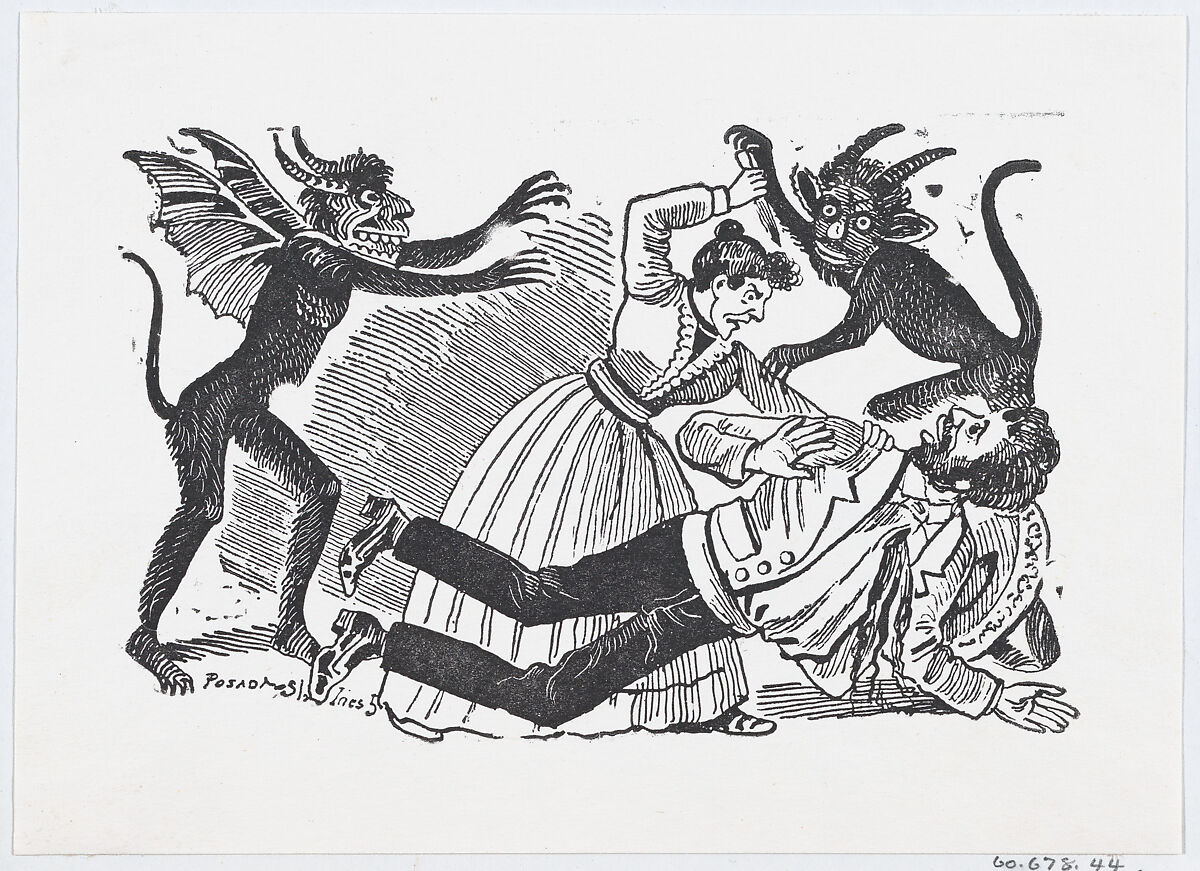 A woman surrounded by demons stabbing a man to death from a broadside entitled 'Horroroso Asesinato', José Guadalupe Posada (Mexican, Aguascalientes 1852–1913 Mexico City), Zincograph 