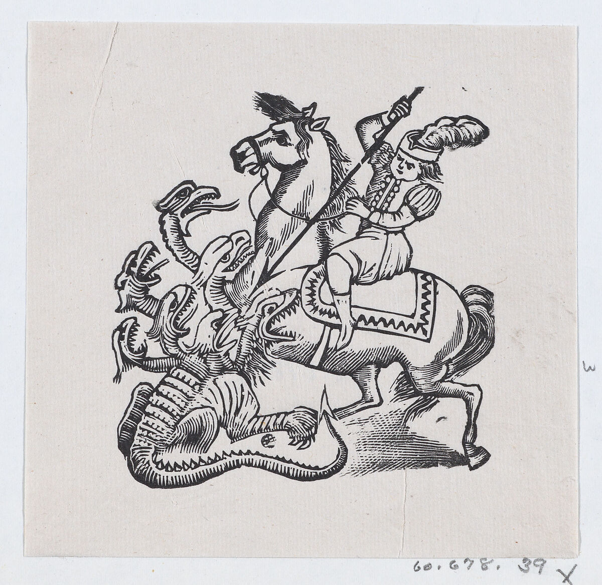 A man on horseback stabbing a monster with a lance, illustration from 'The King and His Three Sons', José Guadalupe Posada (Mexican, Aguascalientes 1852–1913 Mexico City), Type-metal engraving 