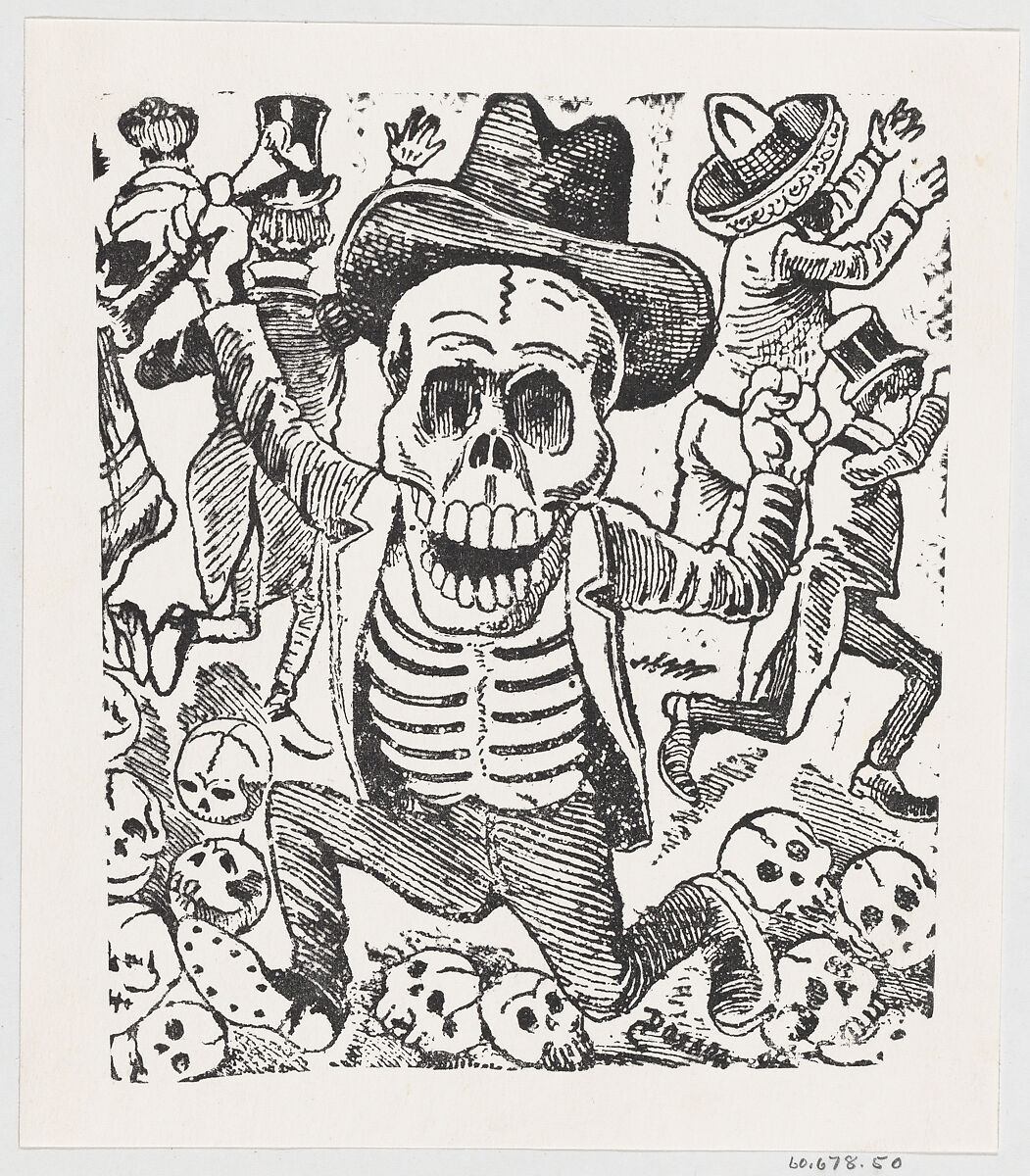 A skeleton holding a bone and leaping over a pile of skulls while people flee, from a broadside entitled 'Las bravisimas calaveras Guatemaltecas', José Guadalupe Posada (Mexican, 1851–1913), Zincograph 
