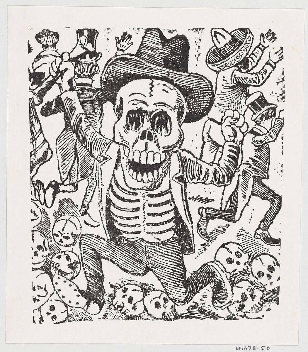 A skeleton holding a bone and leaping over a pile of skulls while people flee, from a broadside entitled 'Las bravisimas calaveras Guatemaltecas', José Guadalupe Posada (Mexican, Aguascalientes 1852–1913 Mexico City), Zincograph 