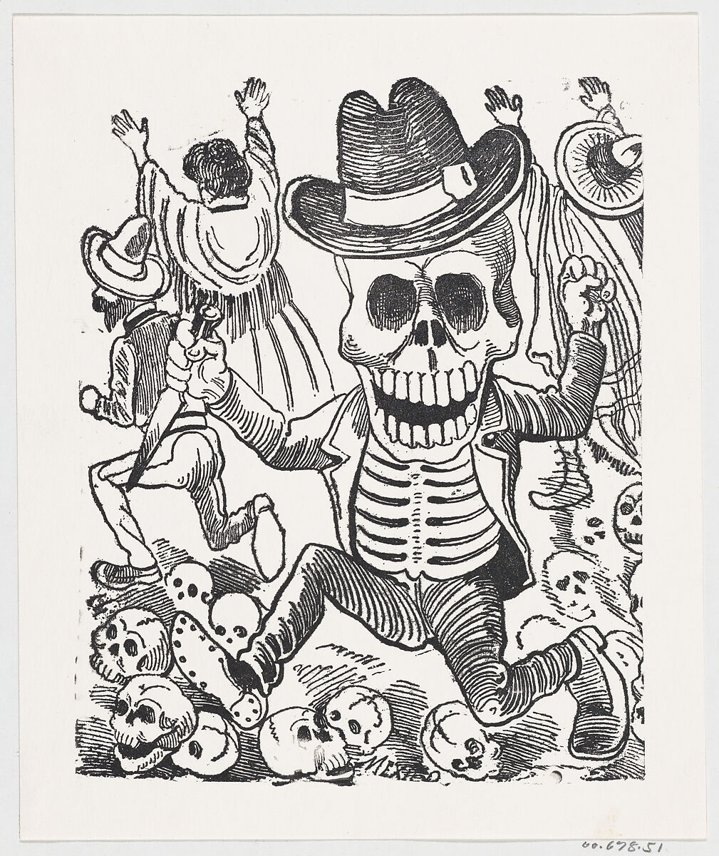 A skeleton holding a knife leaping over a pile of skulls, people flee in the background, from a broadside entitled 'Las bravisimas calaveras Guatemaltecas', José Guadalupe Posada (Mexican, Aguascalientes 1852–1913 Mexico City), Zincograph 