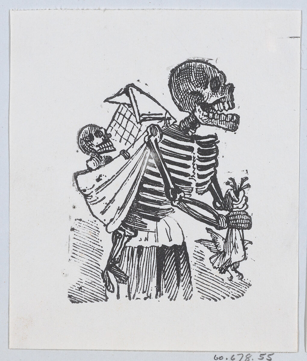 A skeleton picking crops in a field while carrying a baby skeleton on her back, José Guadalupe Posada (Mexican, Aguascalientes 1852–1913 Mexico City), Zincograph 