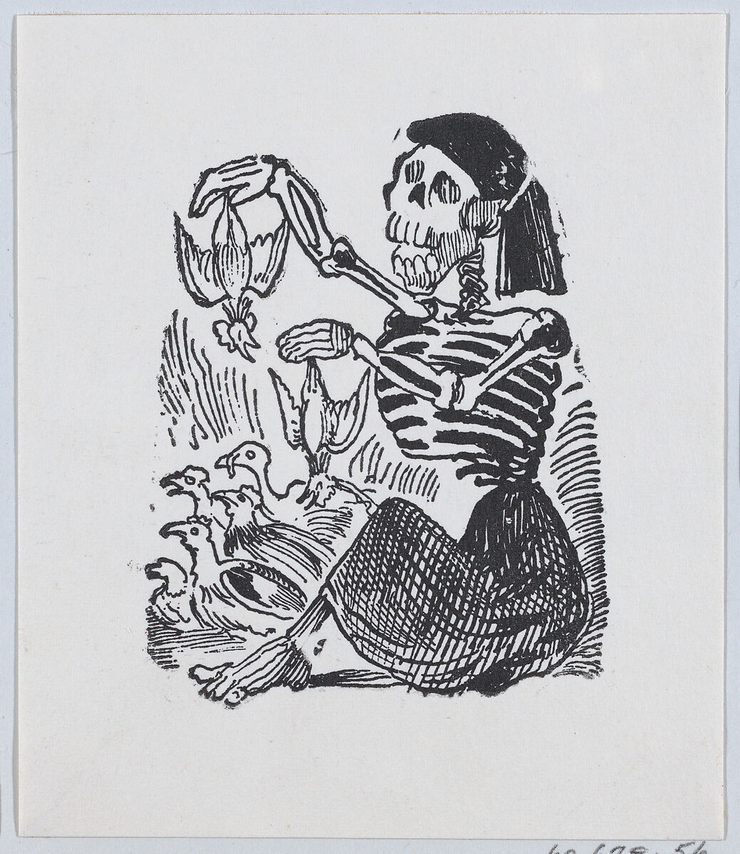 A skeleton selling plucked chickens from a broadside entitled 'Una Calavera Chusca', José Guadalupe Posada (Mexican, Aguascalientes 1852–1913 Mexico City), Zincograph 