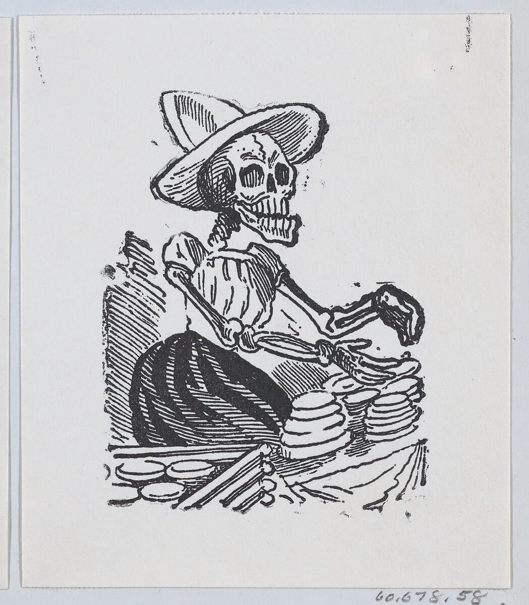 A skeleton selling cheese from a broadside entitled 'Una Calavera Chusca', José Guadalupe Posada (Mexican, Aguascalientes 1852–1913 Mexico City), Zincograph 
