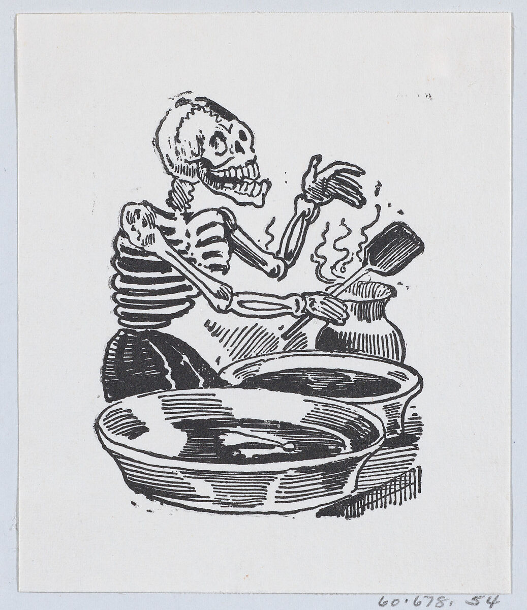 A skeleton selling hot liquid in basins, from a broadside entitled 'Una Calavera Chusca', José Guadalupe Posada (Mexican, Aguascalientes 1852–1913 Mexico City), Zincograph 