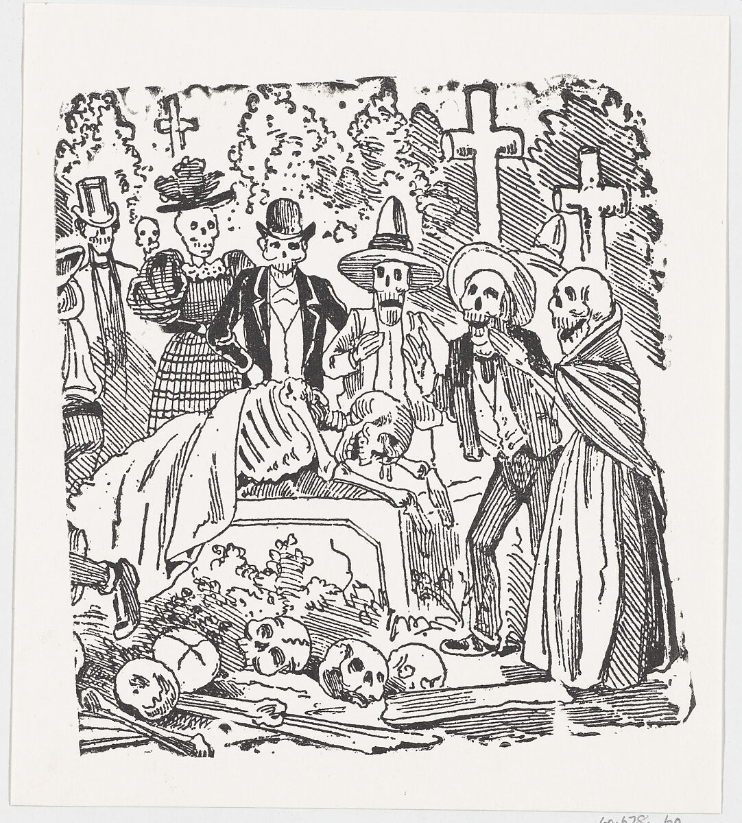 A skeleton covered with a sheet crying in a cemetery, from a broadside entitled ' Calavera llorando el hueso', José Guadalupe Posada (Mexican, Aguascalientes 1852–1913 Mexico City), Zincograph 