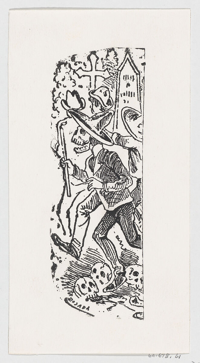 A skeleton running with a crowbar in his hand, from a broadside entitled ' Calavera llorando el hueso', José Guadalupe Posada (Mexican, Aguascalientes 1852–1913 Mexico City), Zincograph 