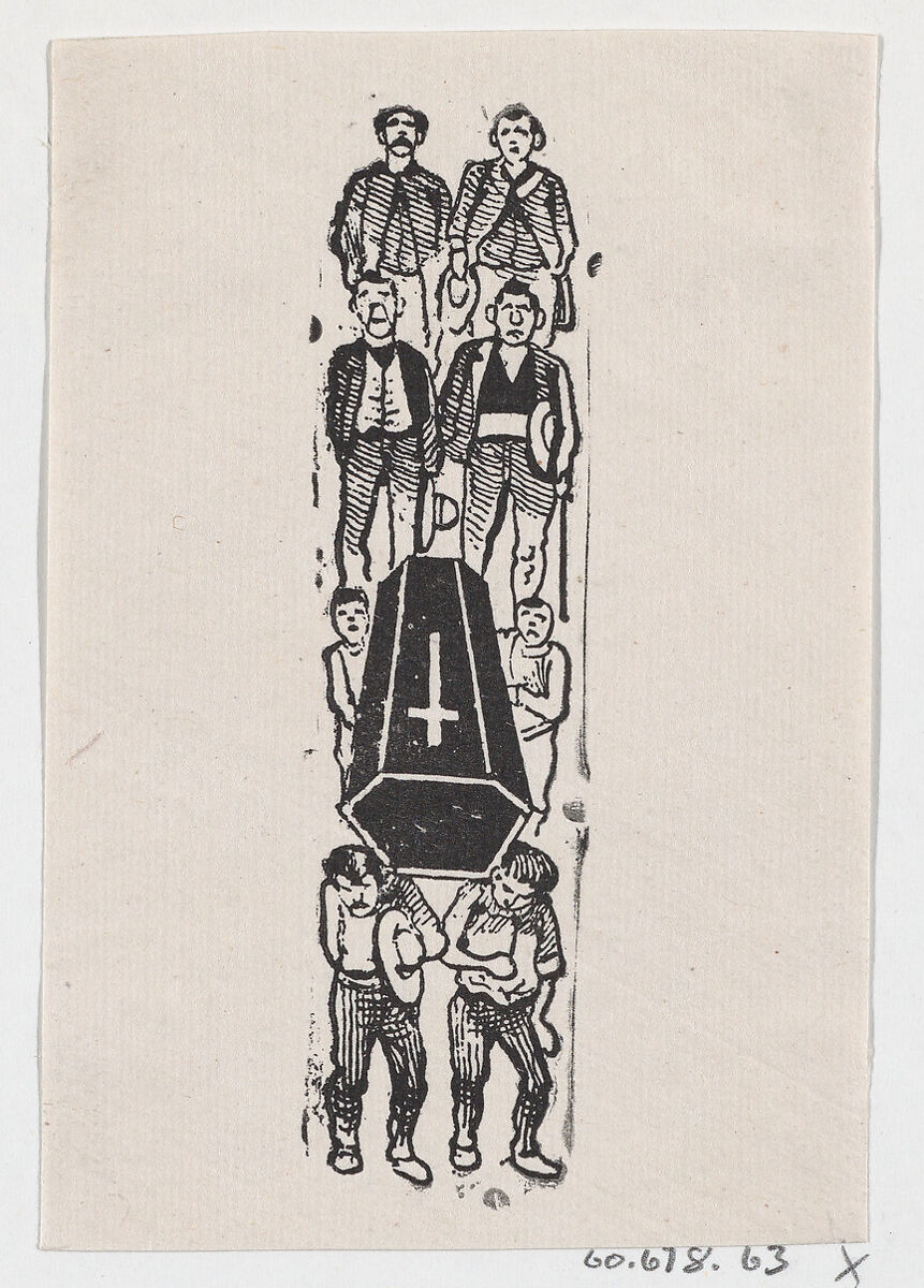 A group of men carrying a coffin with a cross, José Guadalupe Posada (Mexican, Aguascalientes 1852–1913 Mexico City), Zincograph 