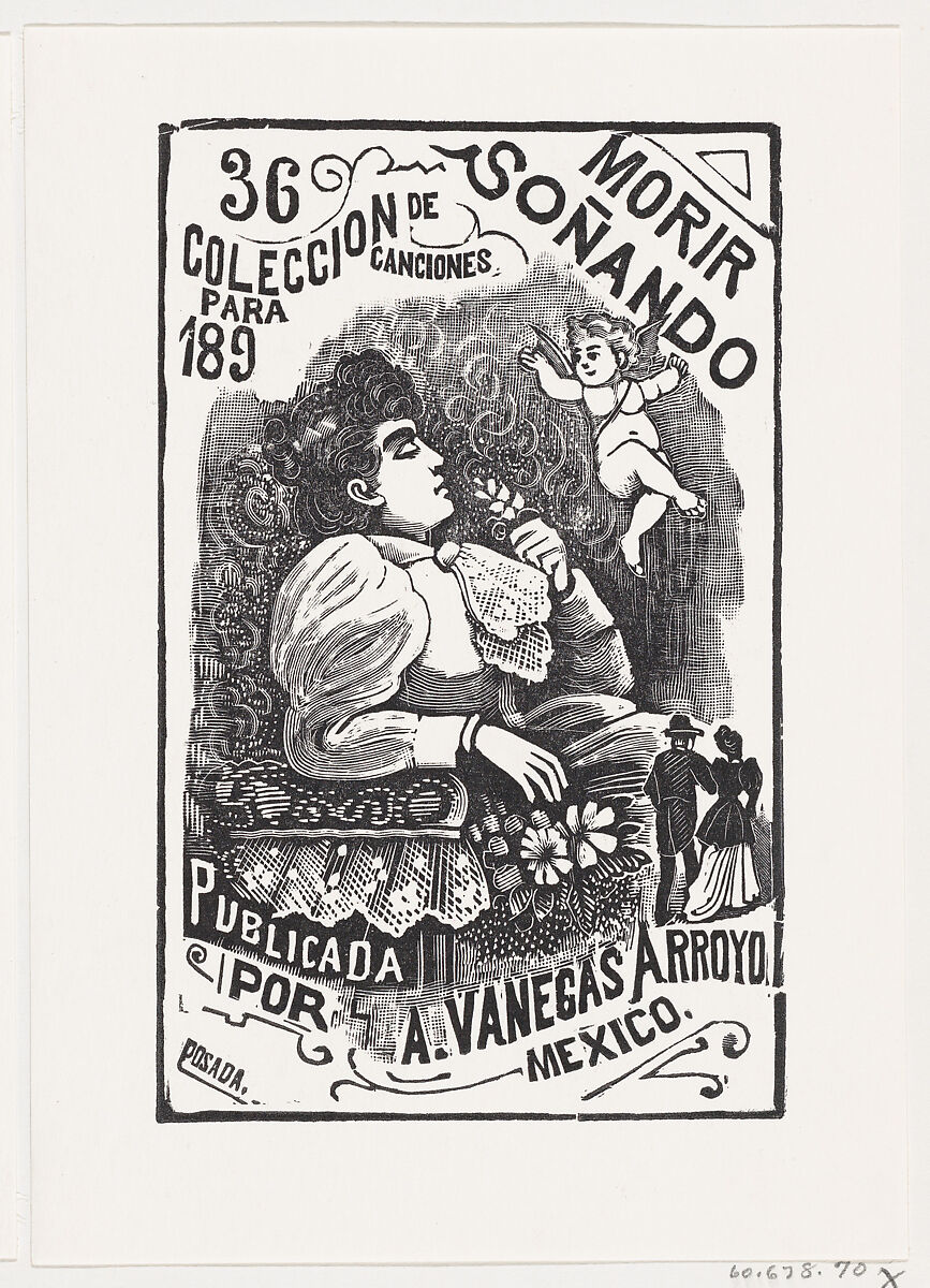 Profile of a woman sitting in a chair with her head back and holding a flower, illustration for 'Morir Soñando,' published by Antonio Vanegas Arroyo, José Guadalupe Posada (Mexican, Aguascalientes 1852–1913 Mexico City), Zincograph 