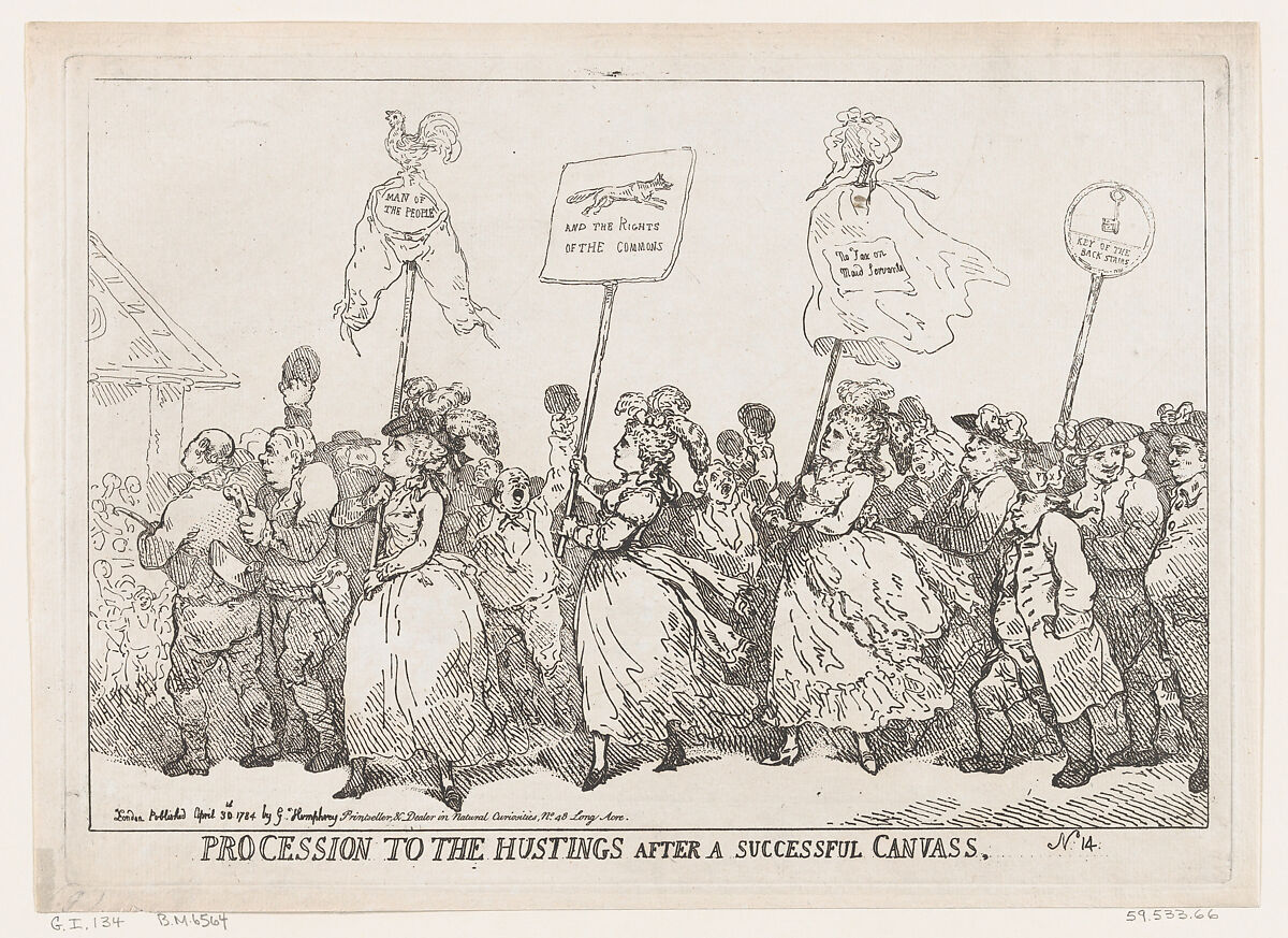 Procession to The Hustings After A Successful Canvass, Thomas Rowlandson (British, London 1757–1827 London), Etching 