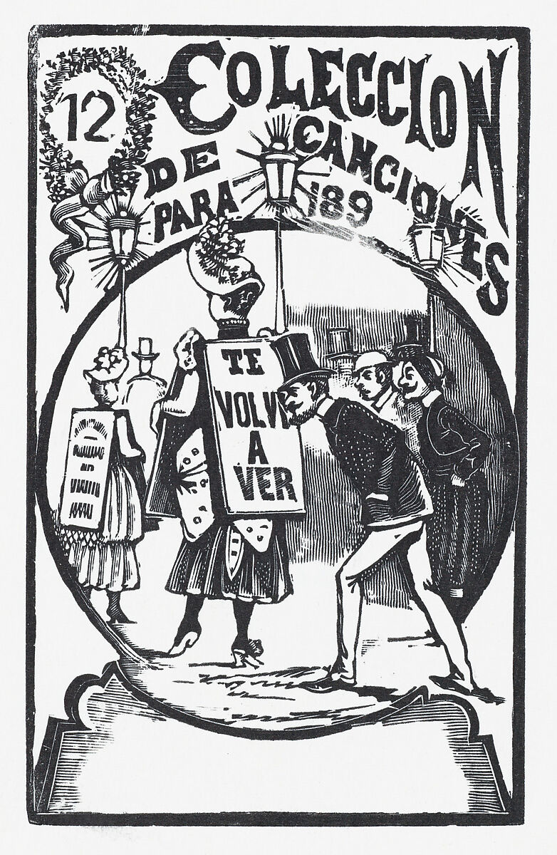 A man bending down to look at a woman with a sign on her back, illustration for 'El Abanico (The Admirer)', José Guadalupe Posada (Mexican, Aguascalientes 1852–1913 Mexico City), Type-metal engraving