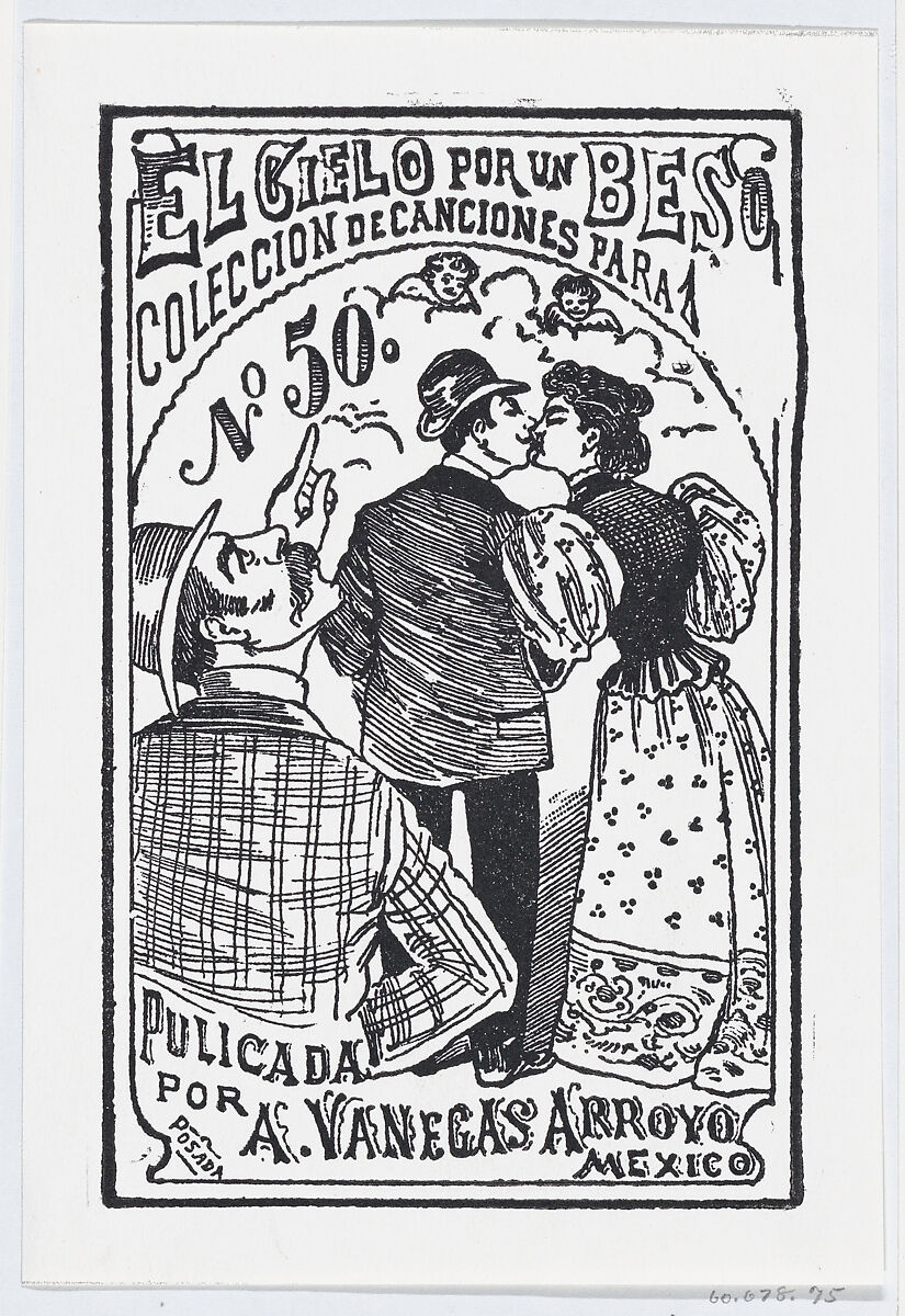 A man pointing to the heavens while a couple kisses in the background, illustration for ' El Cielo por un Beso,' published by Antonio Vanegas Arroyo, José Guadalupe Posada (Mexican, 1851–1913), Zincograph 