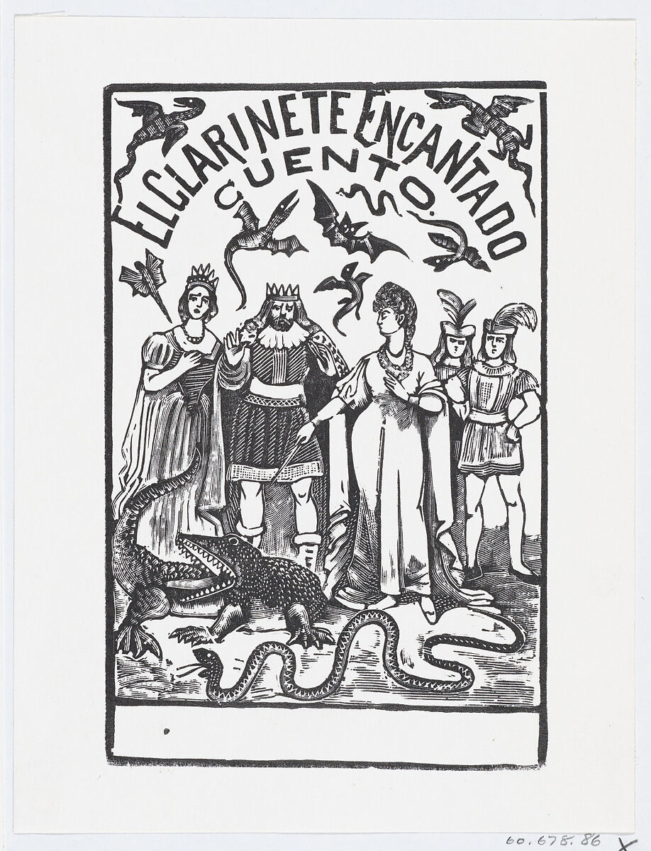 A sorceress pointing her wand at a crocodile while royal figures watch, illustration for 'El Clarinete Encantado', José Guadalupe Posada (Mexican, Aguascalientes 1852–1913 Mexico City), Type-metal engraving 
