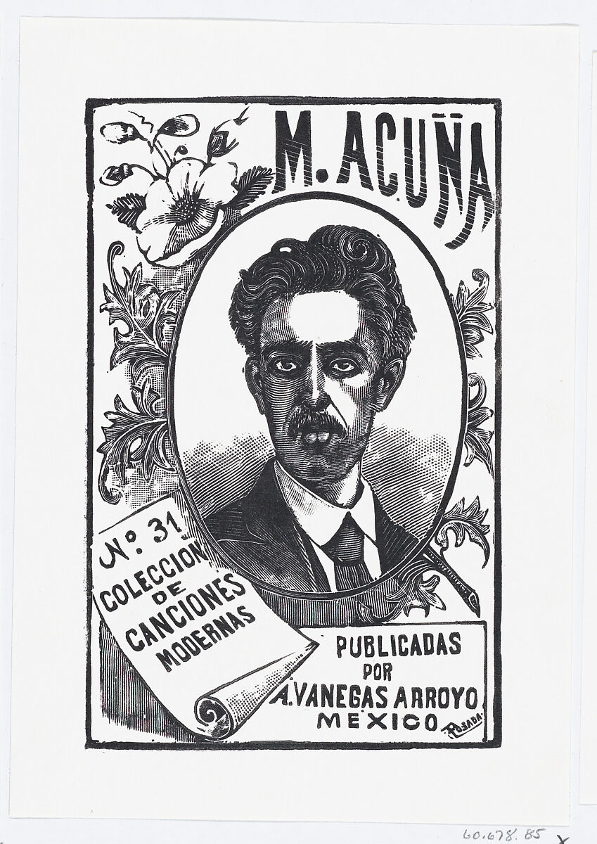 A portrait of Manuel Acuña, illustration for 'Manuel Acuña,' published by Antonio Vanegas Arroyo, José Guadalupe Posada (Mexican, Aguascalientes 1852–1913 Mexico City), Type-metal engraving 