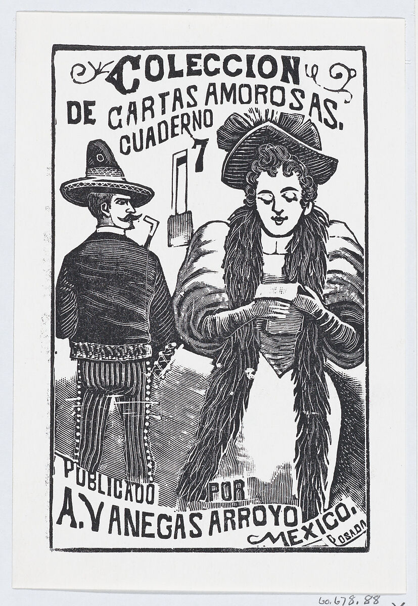 A woman reading a note while a man in the background looks over his shoulder at her, illustration for 'Coleccion de Cartas Amorosas Cuaderno No. 7,' published by Antonio Vanegas Arroyo, José Guadalupe Posada (Mexican, Aguascalientes 1852–1913 Mexico City), Type-metal engraving 