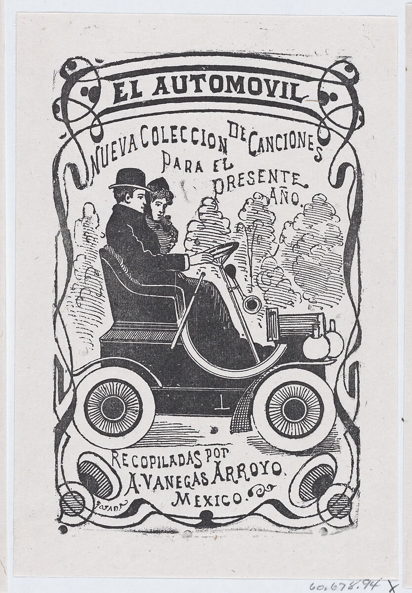 A couple sitting in an automobile, illustration for ' El Automóvil,' publisbed by Antonio Vanegas Arroyo, José Guadalupe Posada (Mexican, Aguascalientes 1852–1913 Mexico City), Type-metal engraving 