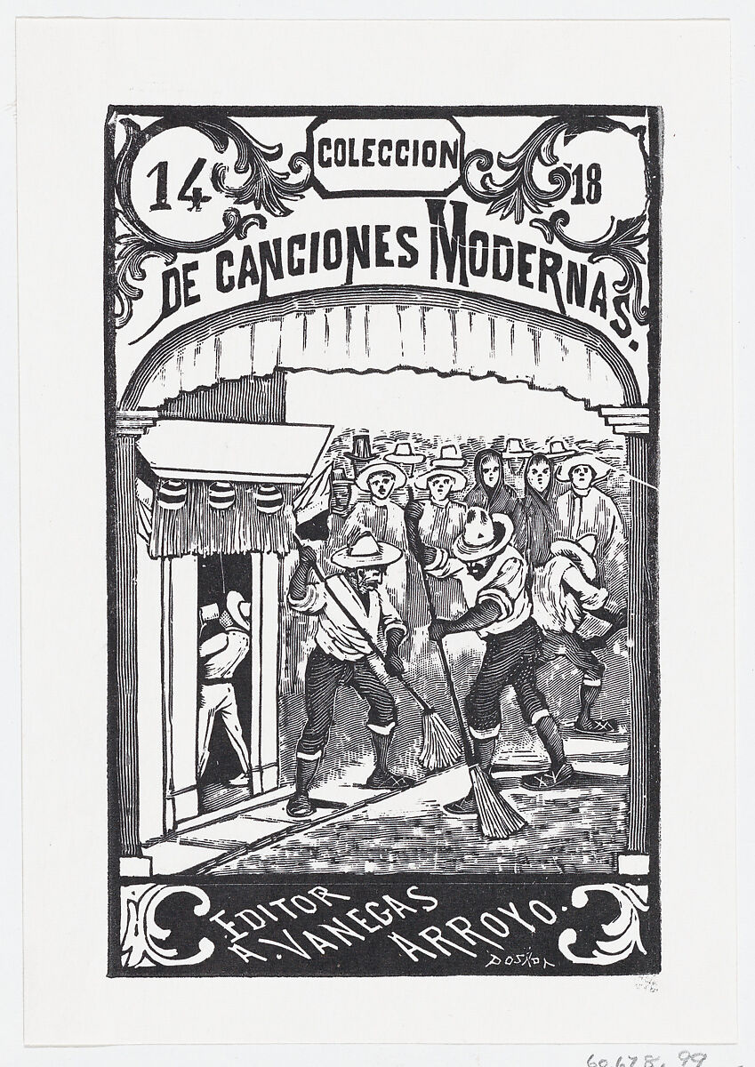 Two men sweeping the street while a crowd of people in the background watch, illustration for 'Coleccion de Canciones Modernas Cuaderno No. 14,' edited by Antonio Vanegas Arroyo, José Guadalupe Posada (Mexican, Aguascalientes 1852–1913 Mexico City), Type-metal engraving 