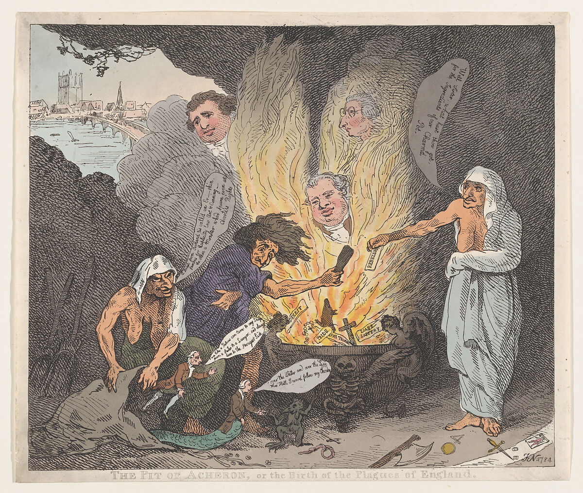 The Pit of Acheron or The Birth of the Plagues of England, Thomas Rowlandson (British, London 1757–1827 London), Hand-colored etching 