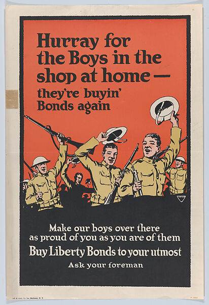 Hurray for the boys in the shop at home – they're buyin' bonds again!, F. B. Kelly Company, Inc., Commercial color lithograph 