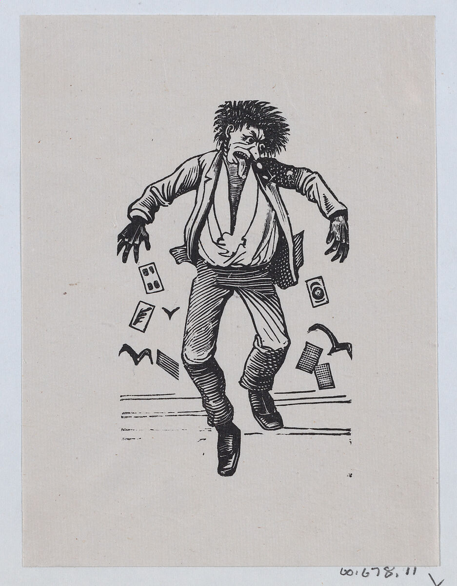 A man with his toungue out jumping in the air while cards fall out of his pockets, José Guadalupe Posada (Mexican, Aguascalientes 1852–1913 Mexico City), Zincograph 