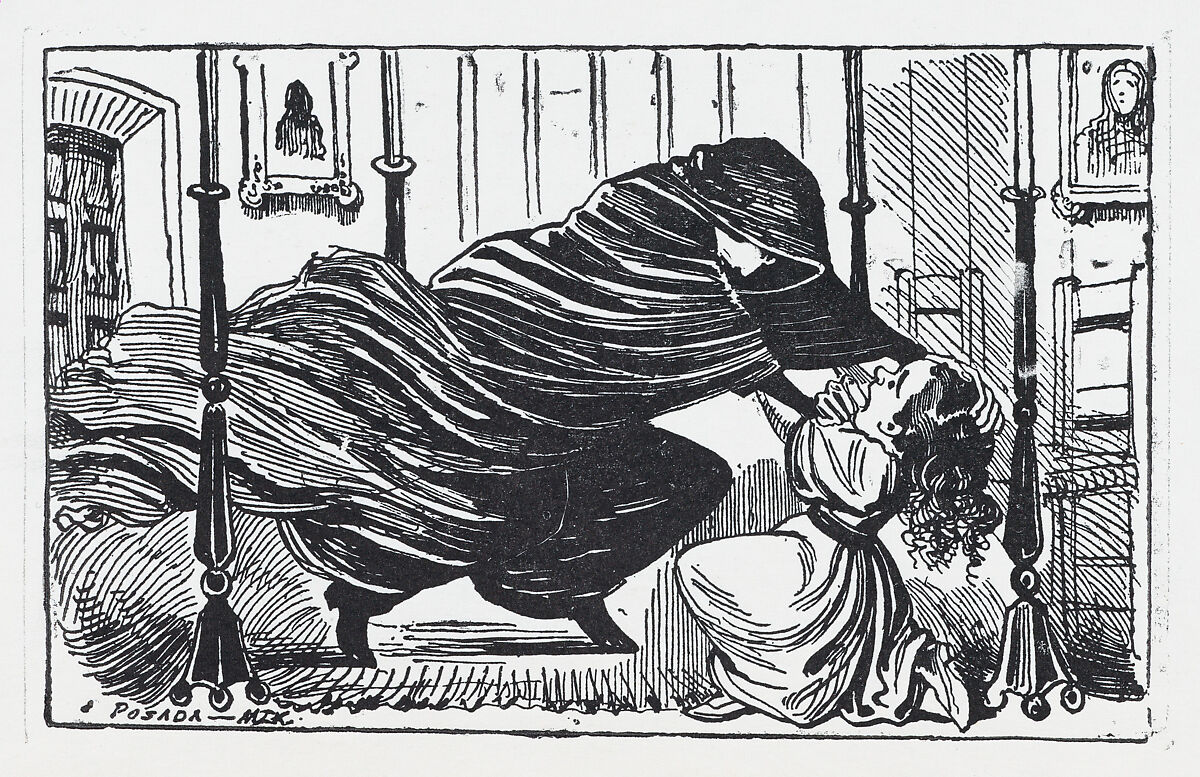 A figure in a cloak strangling a young girl, José Guadalupe Posada (Mexican, Aguascalientes 1852–1913 Mexico City), Zincograph 