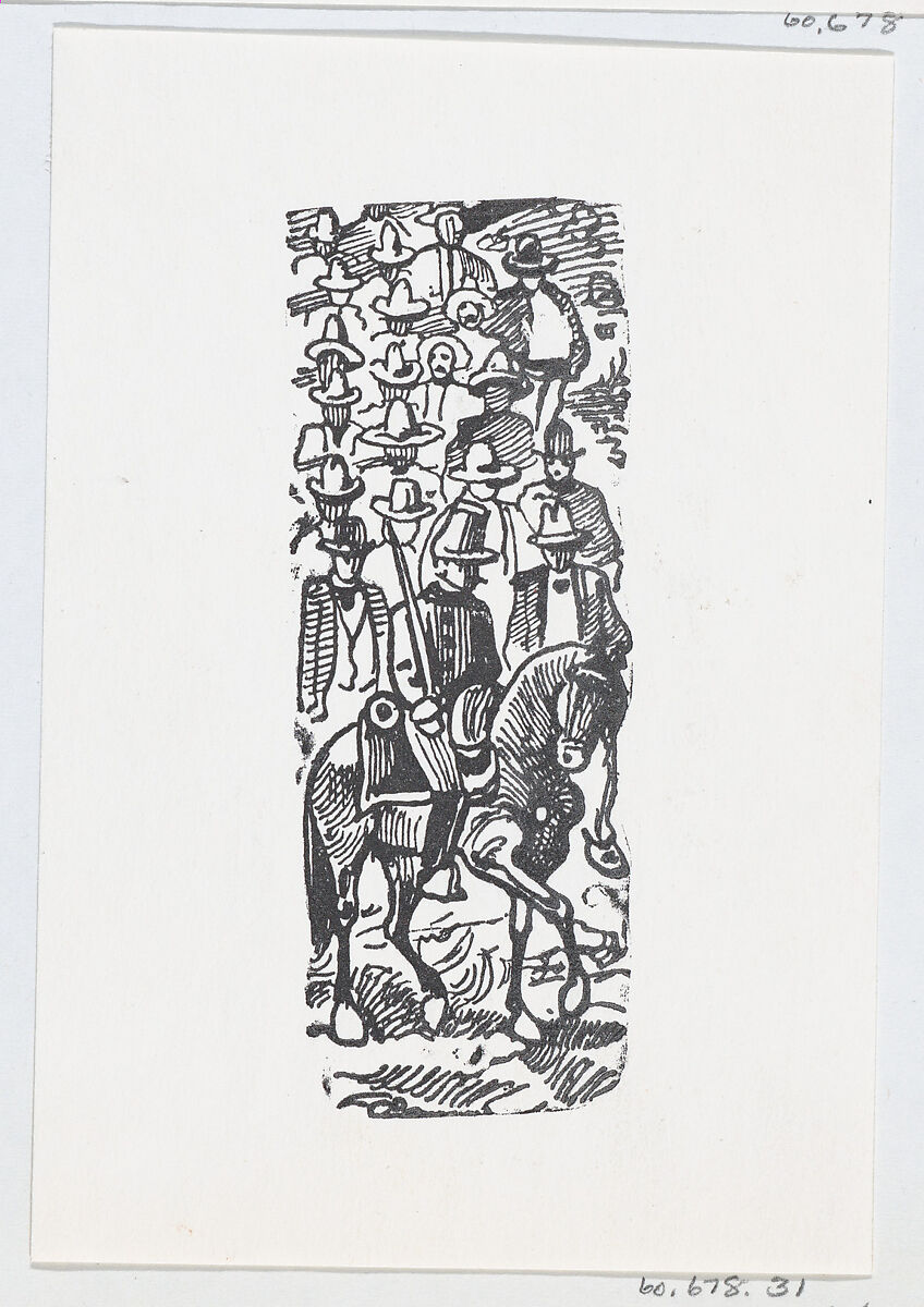 A group of men following a soldier on horseback with a sword, José Guadalupe Posada (Mexican, Aguascalientes 1852–1913 Mexico City), Zincograph 