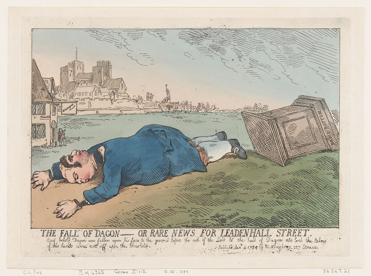 The Fall of Dagon – Or Rare News For Leadenhall Street, Thomas Rowlandson (British, London 1757–1827 London), Etching 
