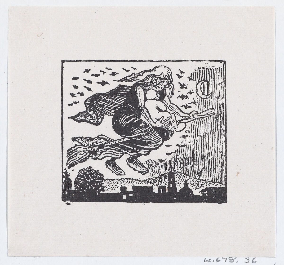 A witch carrying a child on her broom, José Guadalupe Posada (Mexican, Aguascalientes 1852–1913 Mexico City), Zincograph 