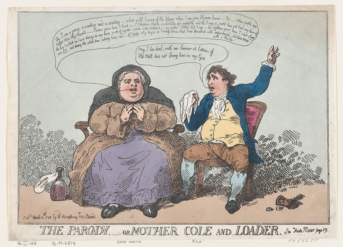 The Parody, or Mother Cole and Loader, Thomas Rowlandson (British, London 1757–1827 London), Hand-colored etching 