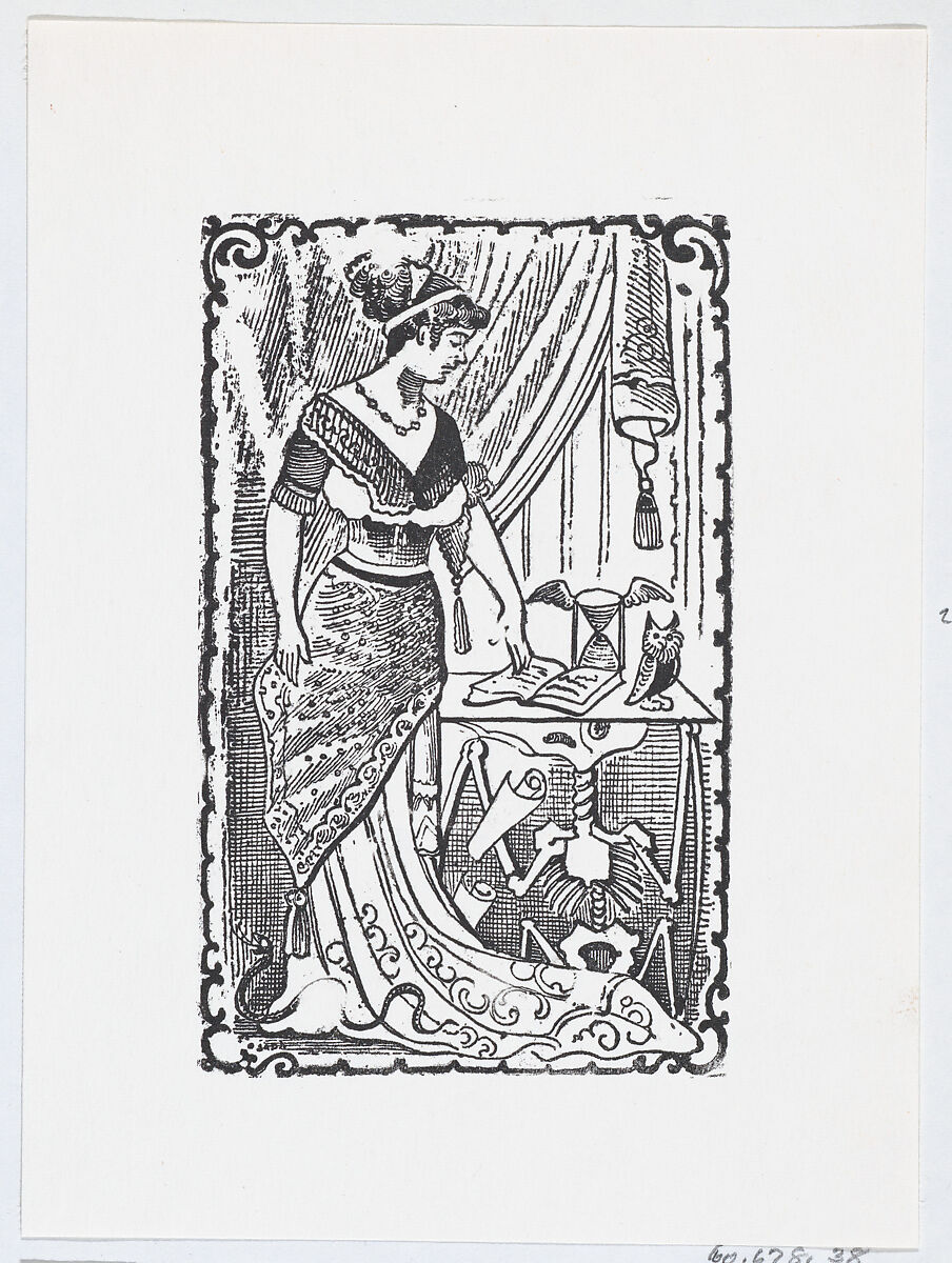 A woman pointing to a book on a desk with a skeleton underneath, José Guadalupe Posada (Mexican, Aguascalientes 1852–1913 Mexico City), Zincograph 