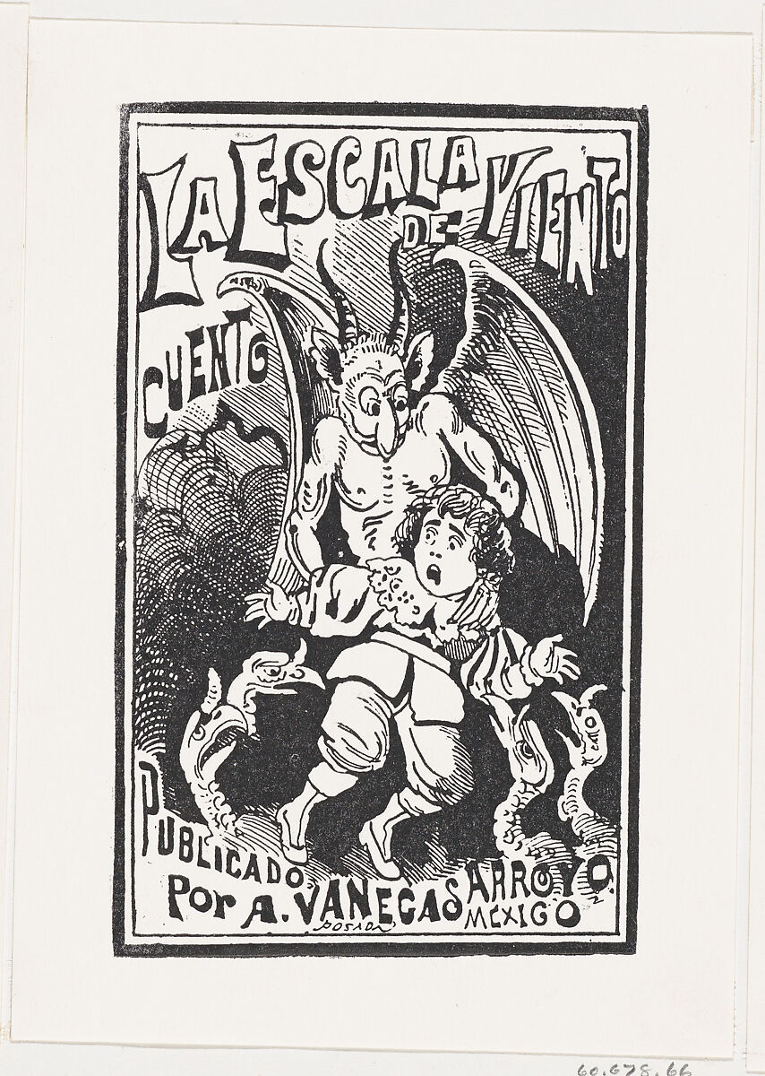 A demon holding a young boy by his shoulders over a group of vultures, illustration for 'La Escala de Viento,' published by Antonio Vanegas Arroyo, José Guadalupe Posada (Mexican, Aguascalientes 1852–1913 Mexico City), Zincograph 