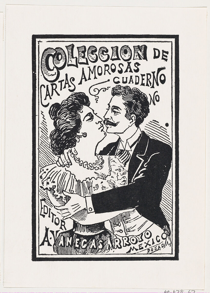 A couple in a passionate embrace, illustration for 'Coleccion de Cartas Amorosas,' edited by Antonio Vanegas Arroyo, José Guadalupe Posada (Mexican, Aguascalientes 1852–1913 Mexico City), Zincograph 