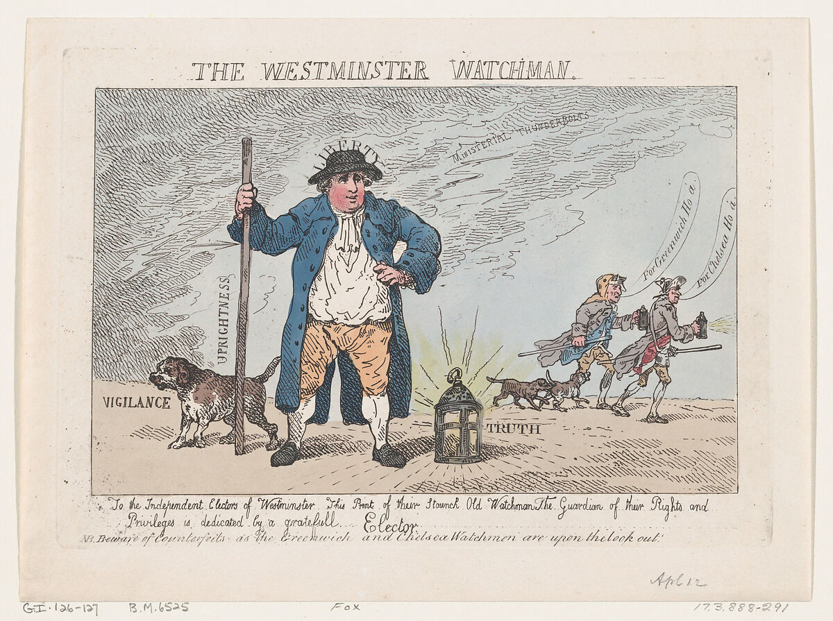 The Westminster Watchman, Thomas Rowlandson (British, London 1757–1827 London), Hand-colored etching 