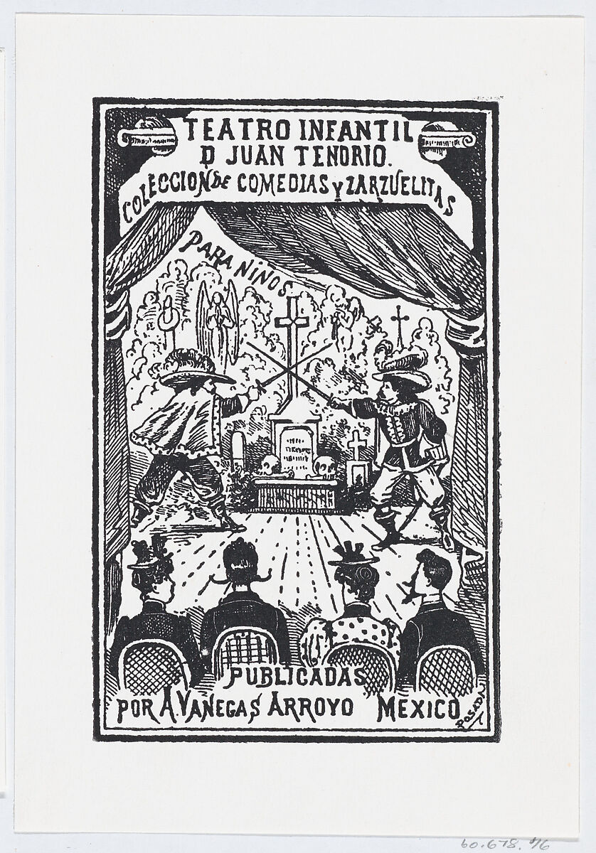 Two men dueling on a stage in front of an audience, illustration for 'Teatro Infantil de Juan Tendrio,' published by Antonio Vanegas Arroyo, José Guadalupe Posada (Mexican, Aguascalientes 1852–1913 Mexico City), Zincograph 