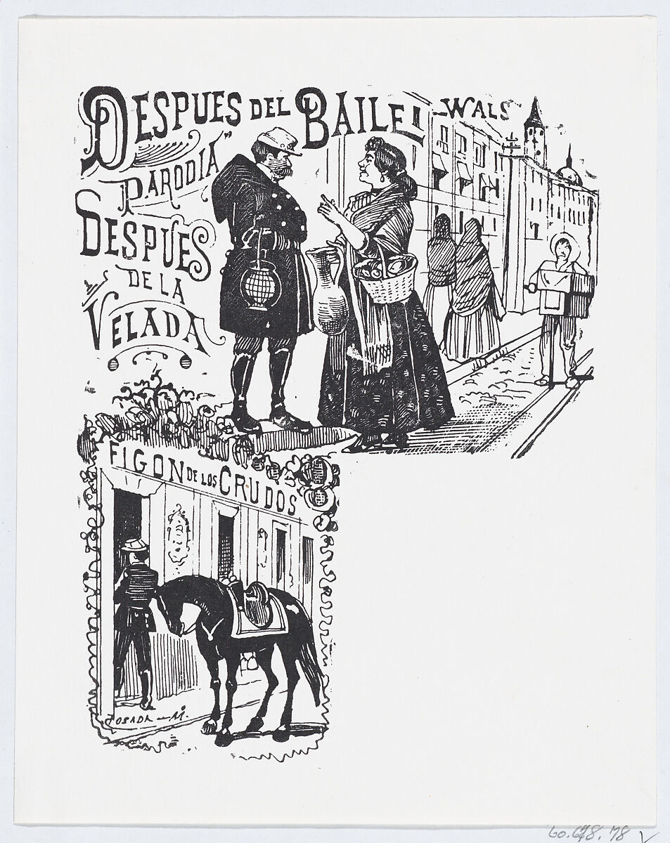 A man and woman speaking on the street, José Guadalupe Posada (Mexican, Aguascalientes 1852–1913 Mexico City), Zincograph 