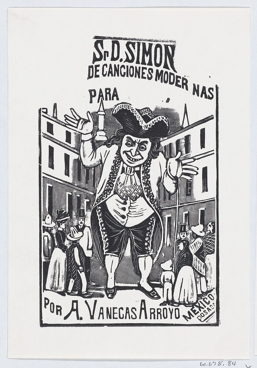 A man shrugging his shoulders towering over buildings and people, illustration for 'Señor D. Simon,' published by Antonio Vanegas Arroyo, José Guadalupe Posada (Mexican, Aguascalientes 1852–1913 Mexico City), Type-metal engraving 