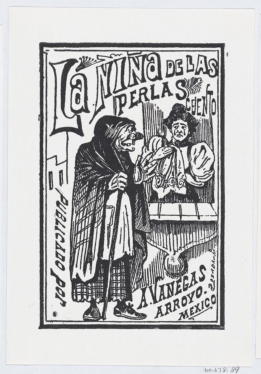 A woman crying with a handkerchief in her hand talking to an old hag, illustration for 'La Niña de las Perlas, published by Antonio Vanegas Arroyo, José Guadalupe Posada (Mexican, Aguascalientes 1852–1913 Mexico City), Type-metal engraving 