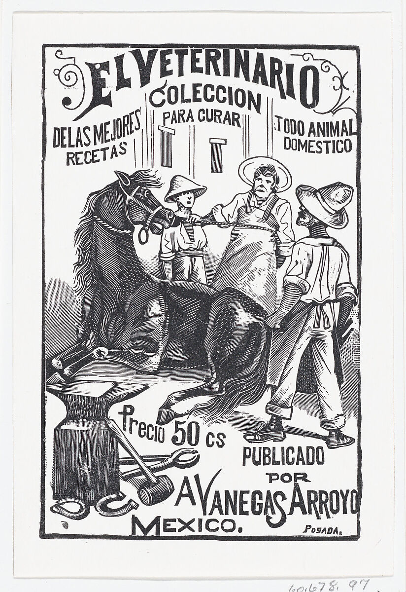 A group of people surrounding a horse, illustration for 'El Veterinario (The Veterinary: Collection of the best prescriptions for curing all domestic animals)' published by Antonio Vanegas Arroyo, José Guadalupe Posada (Mexican, Aguascalientes 1852–1913 Mexico City), Type-metal engraving 