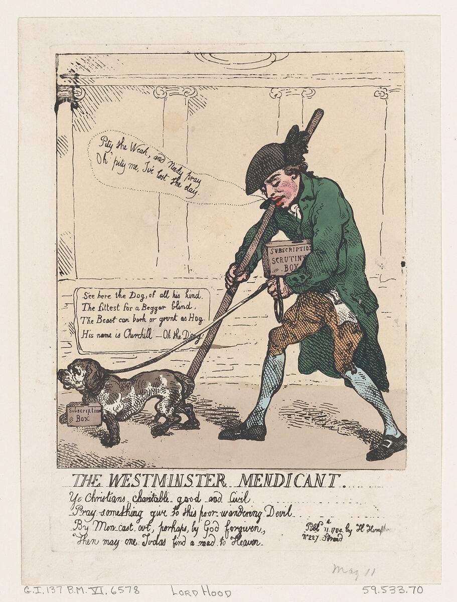 The Westminster Mendicant, Thomas Rowlandson (British, London 1757–1827 London), Hand-colored etching 
