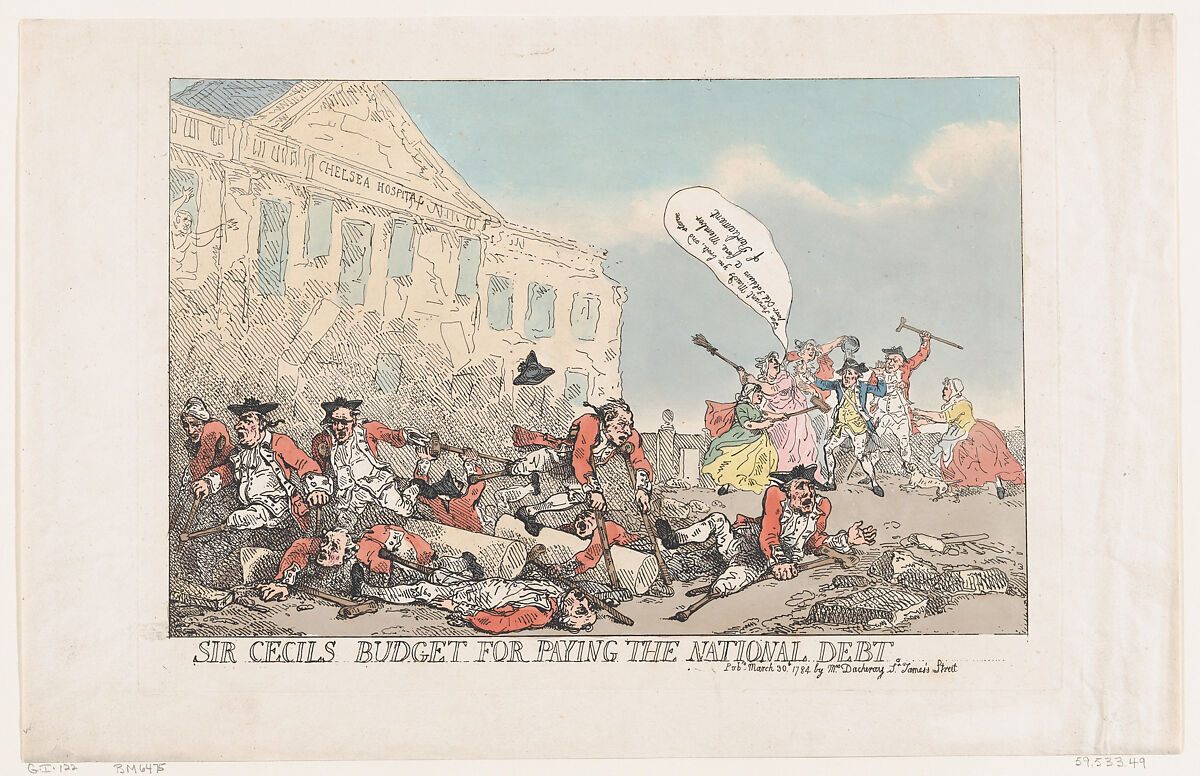 Sir Cecils Budget For Paying The National Debt, Thomas Rowlandson (British, London 1757–1827 London), Hand-colored etching 