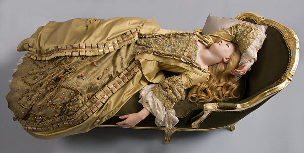 Sleeping Beauty, Philippe Curtius (Swiss, 1737–1794), Gold leaf, wood, velvet upholstery, beeswax, human hair, fiberglass, alloy and steel servo, slush wax, silk, and lace, French 