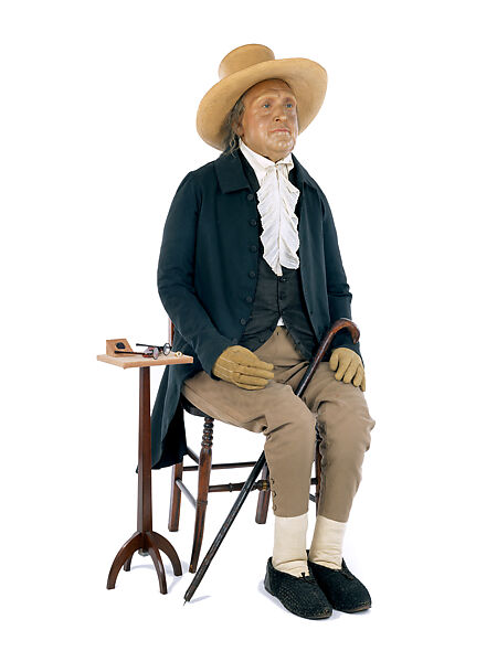 "Auto-Icon" of Jeremy Bentham, Thomas Southwood Smith (British, 1788–1861), Wax, human bones, human hair, wool, cotton and linen textiles, straw hat and wooden walking stick and chair,, English 