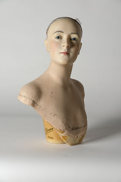 Bust, Pierre Imans (French flourished 1890s–1940s), Painted wax, residual hair, silk ribbon, cotton net, and resin, French 