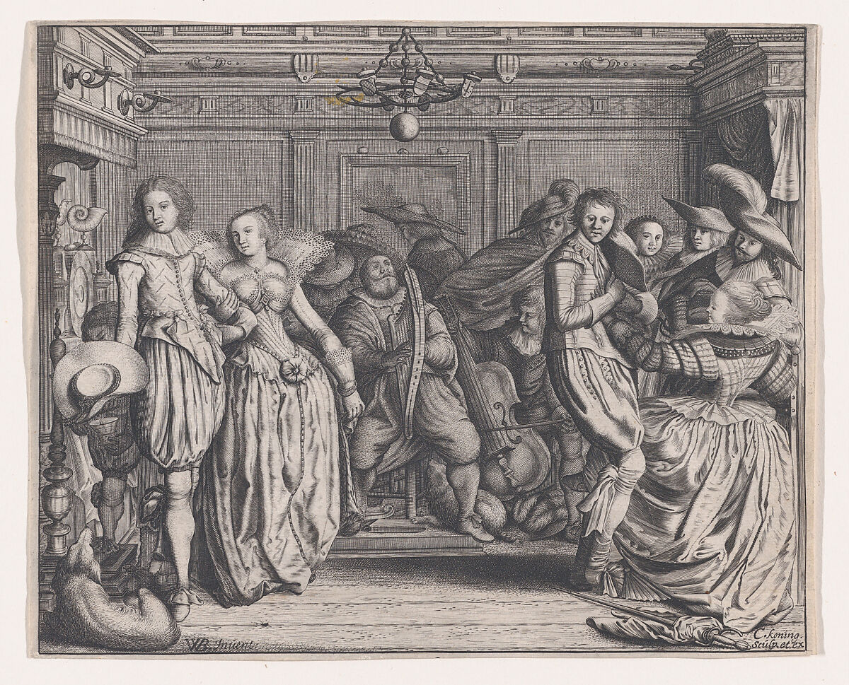 Interior with Dancing Couples and Musicians, Cornelis Koning (Dutch, active Haarlem, 1608–33), Engraving 