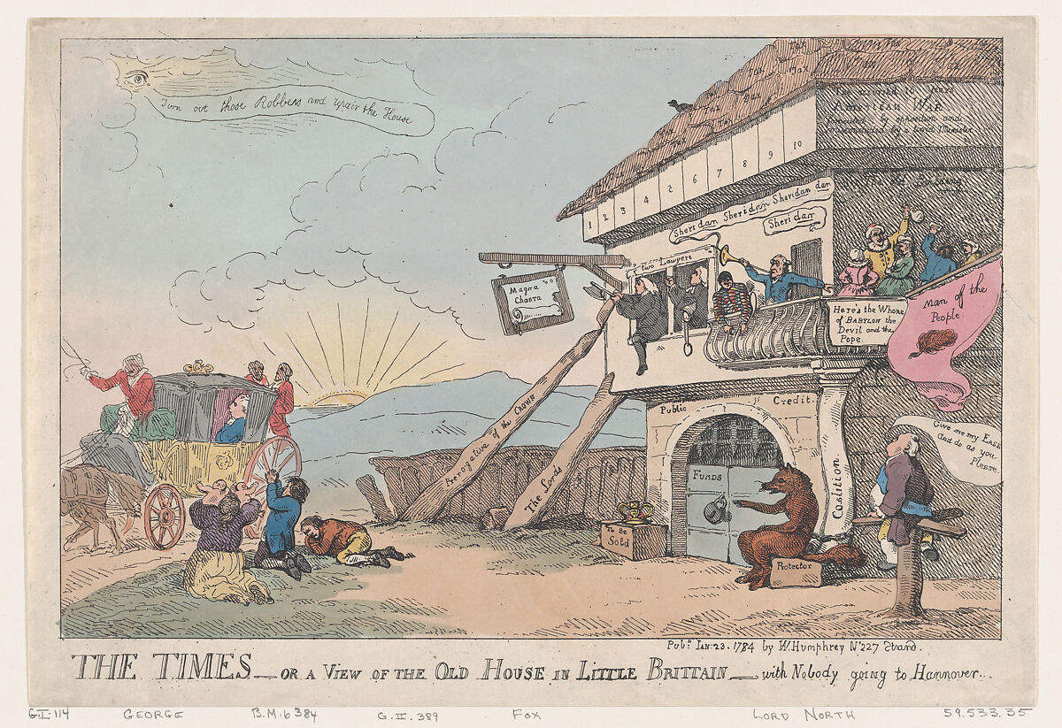The Times - Or A View Of The Old House In Little Brittain - With Nobody Going To Hannover, Thomas Rowlandson (British, London 1757–1827 London), Hand-colored etching 