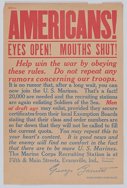 Americans! Eyes open! Mouths shut!, Anonymous, Commercial color lithograph 
