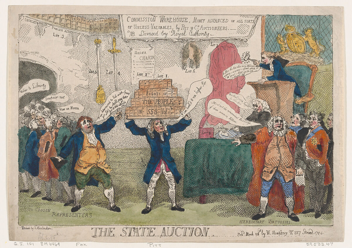 The State Auction, Thomas Rowlandson (British, London 1757–1827 London), Hand-colored etching 