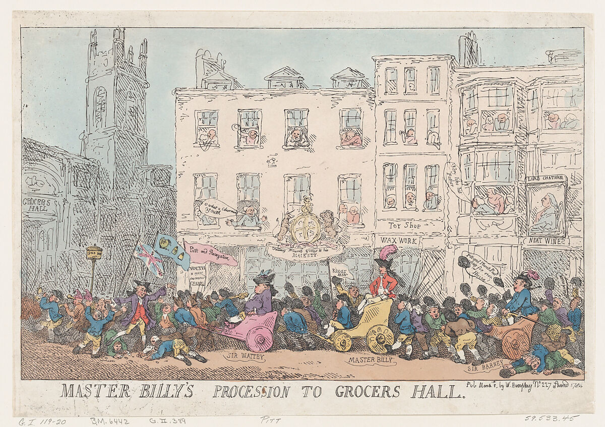 Master Billy's Procession to Grocers Hall, Thomas Rowlandson (British, London 1757–1827 London), Hand-colored etching 