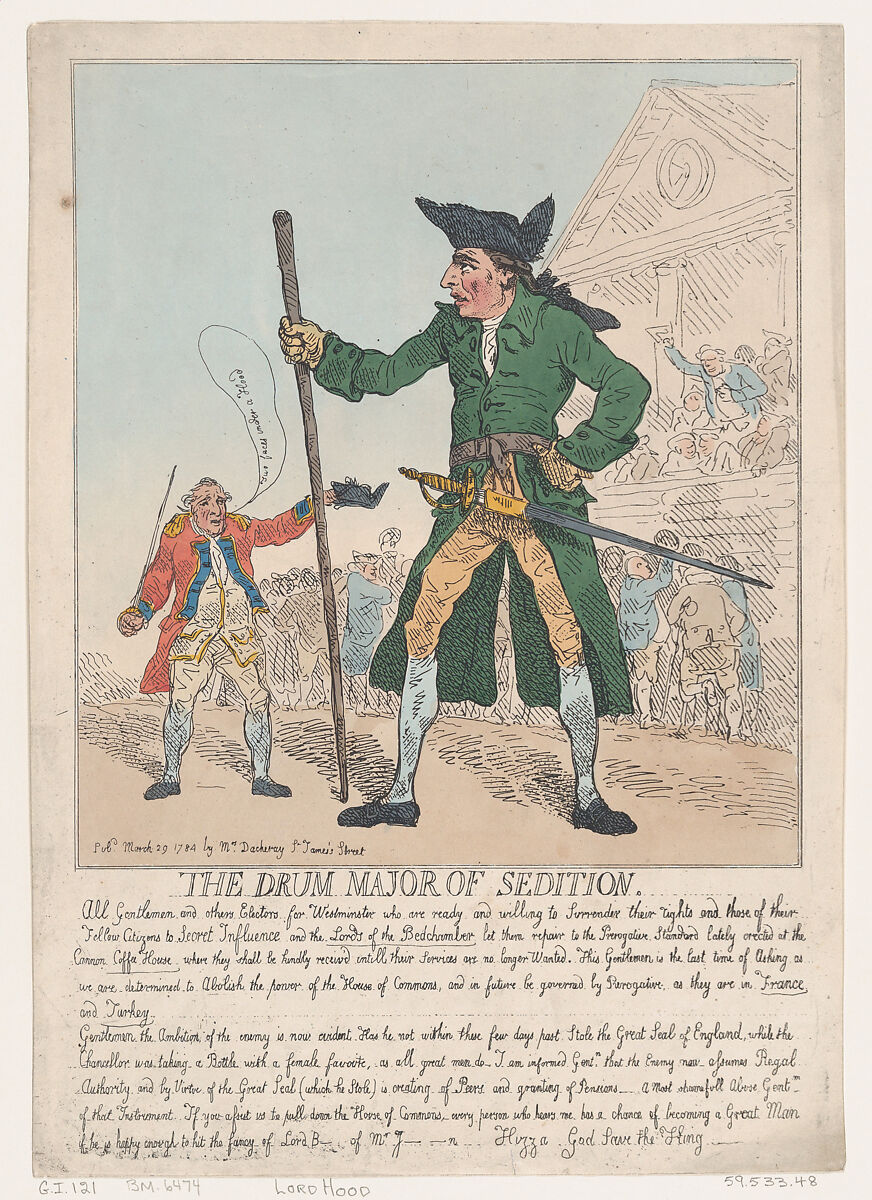 The Drum Major of Sedition, Thomas Rowlandson (British, London 1757–1827 London), Hand-colored etching 
